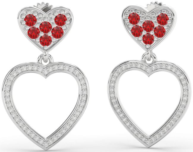 Diamond Ruby Platinum Heart Dangle Earrings