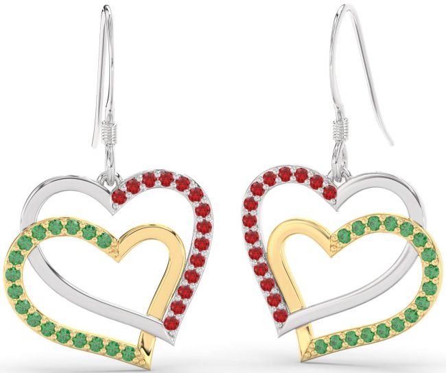 Emerald & Ruby Gold Silver Heart Interlock Dangle Earrings