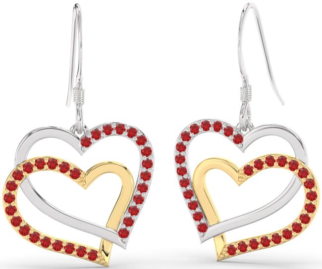 Ruby Gold Silver Heart Interlock Dangle Earrings