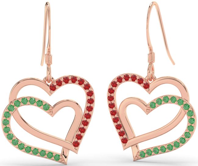 Emerald & Ruby Rose Gold Silver Heart Interlock Dangle Earrings