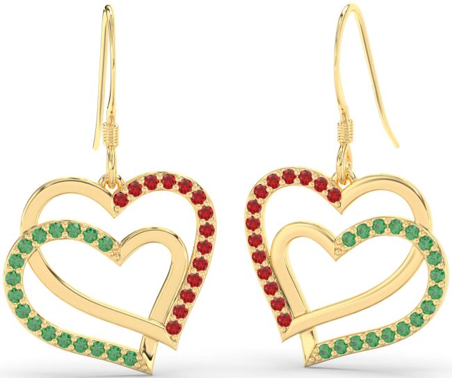 Emerald & Ruby Gold Silver Heart Interlock Dangle Earrings