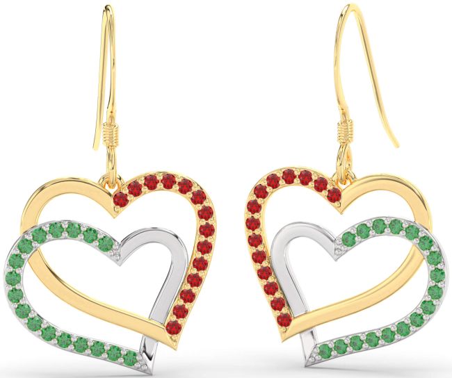Emerald & Ruby Gold Silver Heart Interlock Dangle Earrings