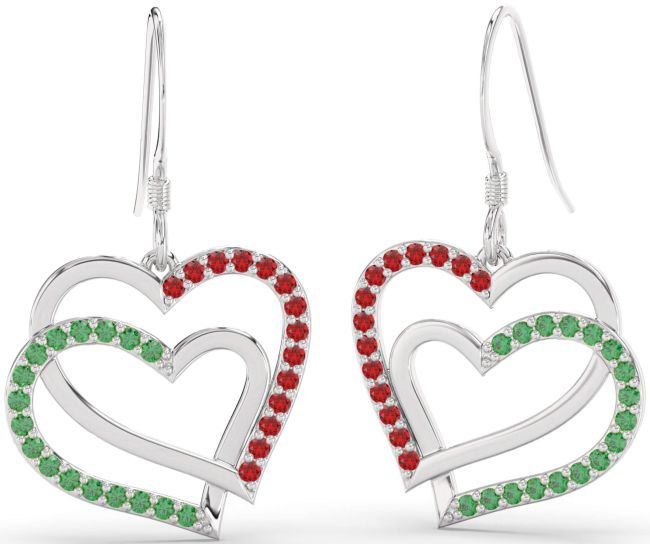 Emerald & Ruby Platinum Heart Interlock Dangle Earrings