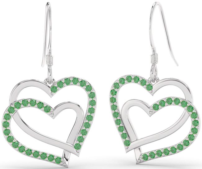 Emerald Platinum Heart Interlock Dangle Earrings