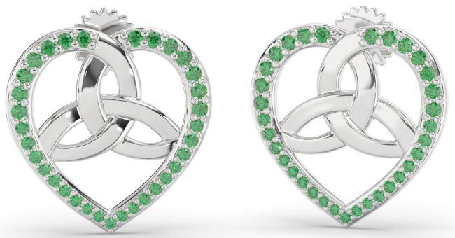 Emerald Platinum Celtic Trinity knot Heart Irish Stud Earrings