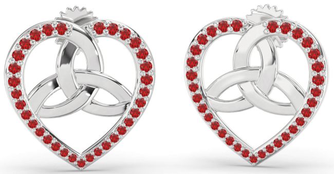 Ruby Platinum Celtic Trinity knot Heart Irish Stud Earrings