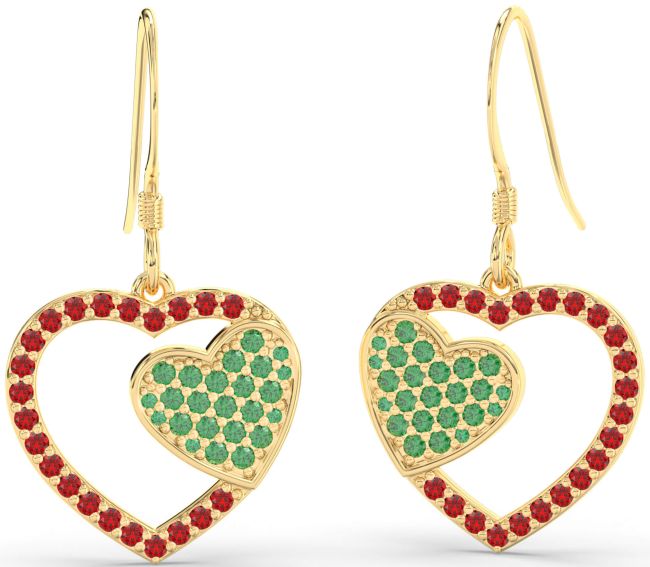 Emerald & Ruby Gold Heart Dangle Earrings