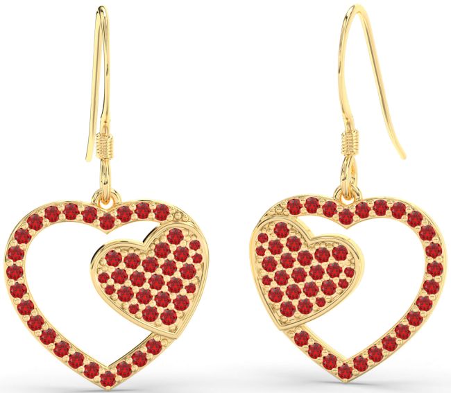 Ruby Gold Silver Heart Dangle Earrings