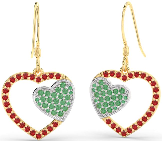 Emerald & Ruby Gold Silver Heart Dangle Earrings
