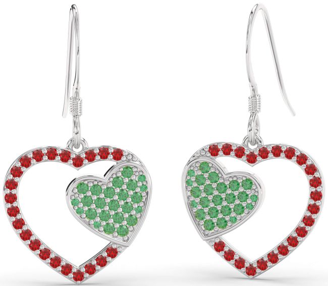 Emerald & Ruby Platinum Heart Dangle Earrings