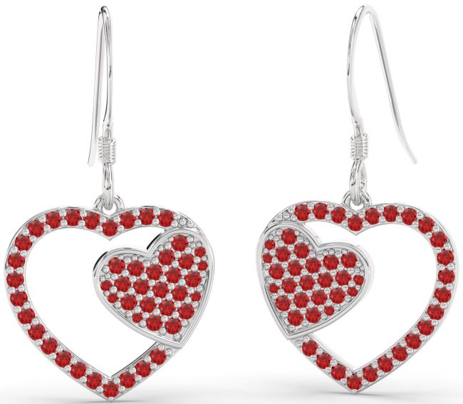 Ruby Platinum Heart Dangle Earrings