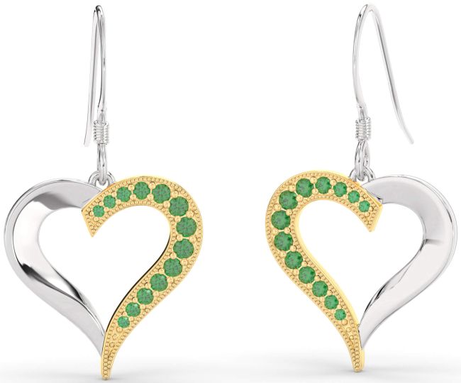Emerald Gold Silver Heart Dangle Earrings
