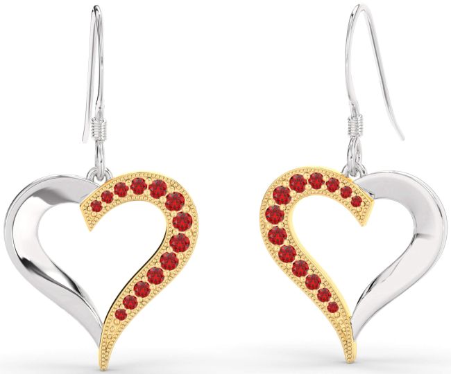 Ruby Platinum & Yellow Gold Heart Dangle Earrings