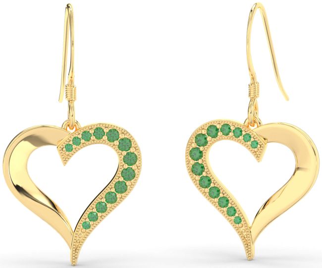 Emerald Gold Silver Heart Dangle Earrings