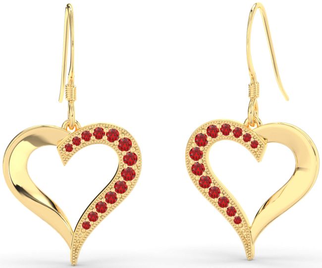 Ruby Gold Heart Dangle Earrings