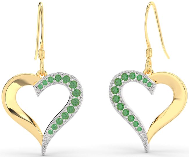 Emerald Gold Silver Heart Dangle Earrings