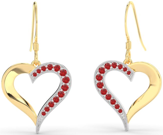Ruby Gold Silver Heart Dangle Earrings