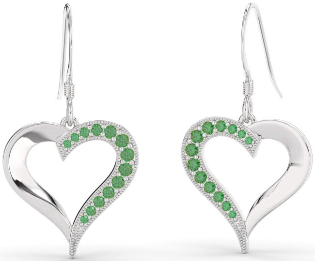 Emerald Platinum Heart Dangle Earrings