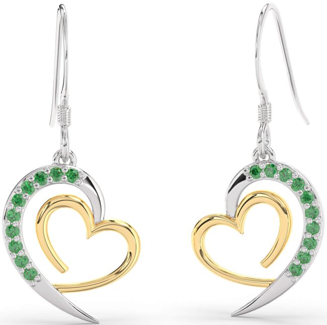 Emerald Gold Silver Heart Dangle Earrings