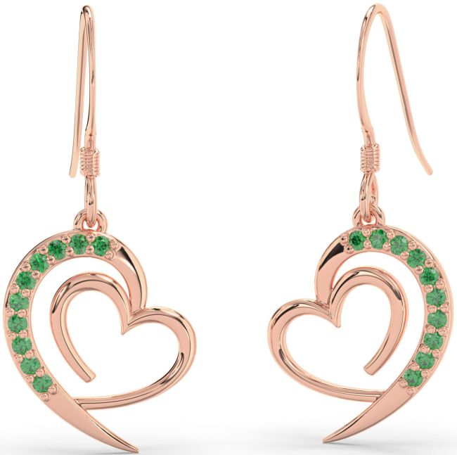 Emerald Rose Gold Heart Dangle Earrings