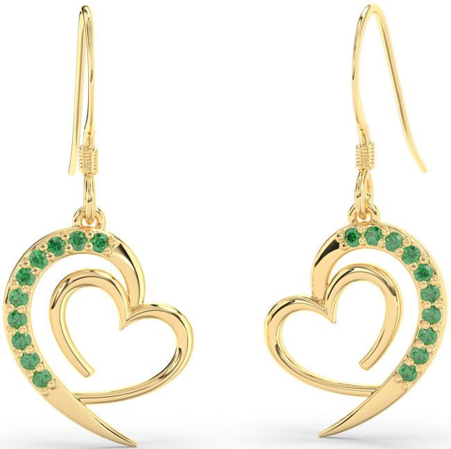 Emerald Gold Heart Dangle Earrings