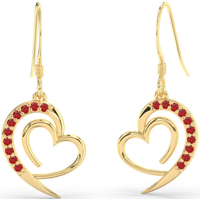 Ruby Gold Heart Dangle Earrings