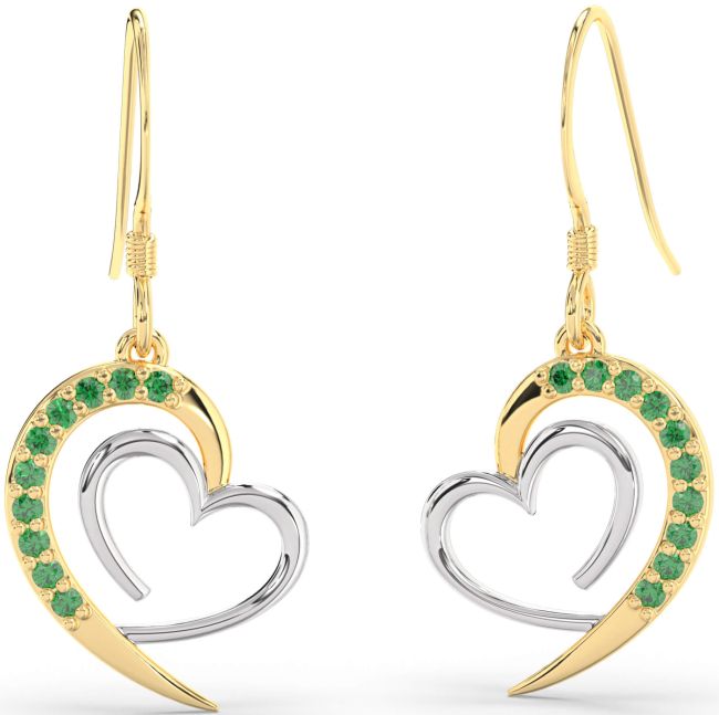 Emerald Gold Silver Heart Dangle Earrings