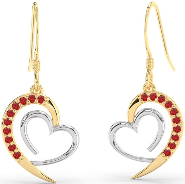 Ruby Gold Silver Heart Dangle Earrings