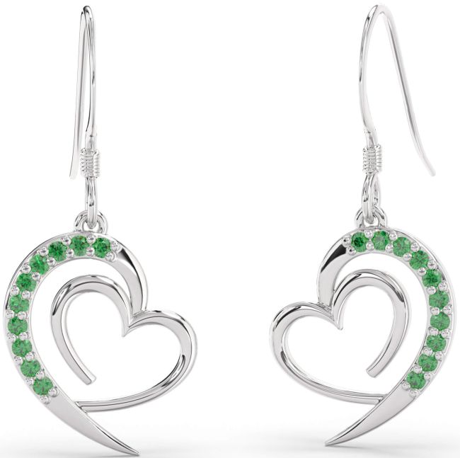 Emerald Platinum Heart Dangle Earrings