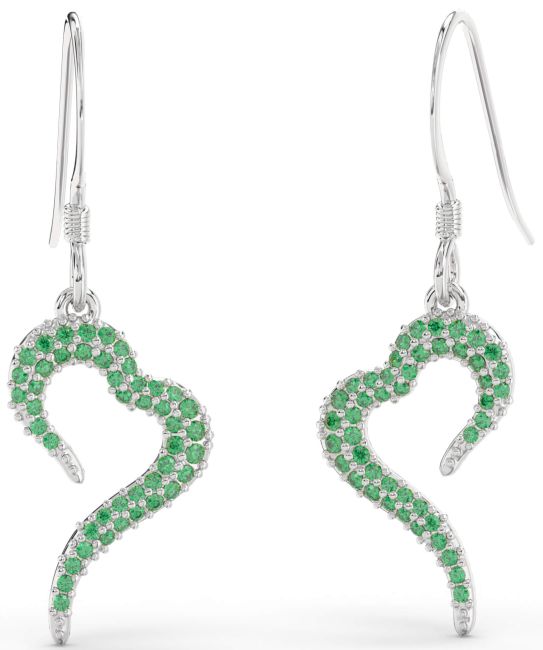Emerald Platinum Heart Dangle Earrings