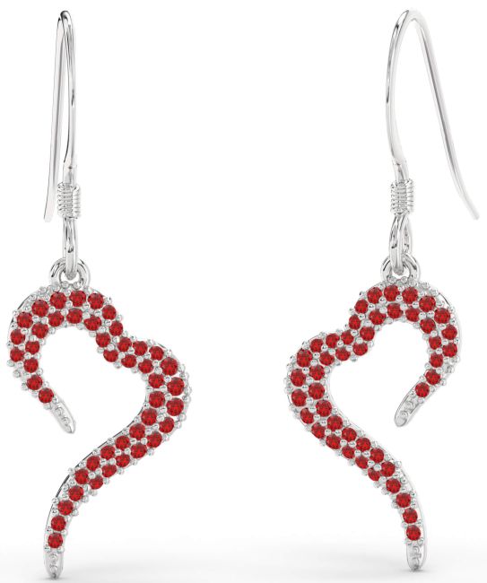 Ruby Silver Heart Dangle Earrings