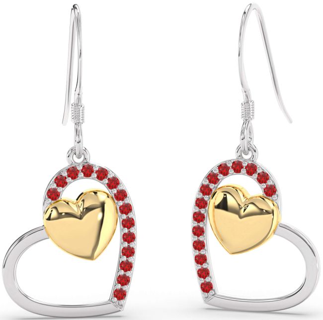 Ruby Gold Silver Heart Dangle Earrings