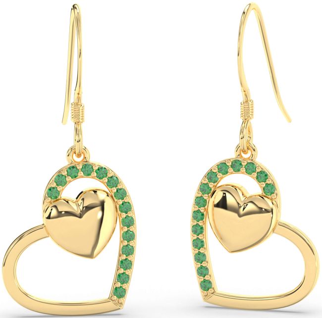 Emerald Gold Heart Dangle Earrings