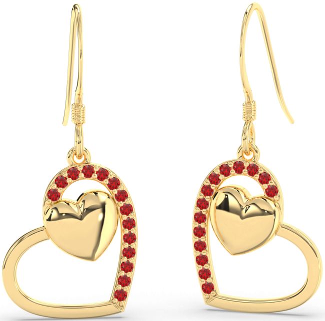 Ruby Gold Heart Dangle Earrings