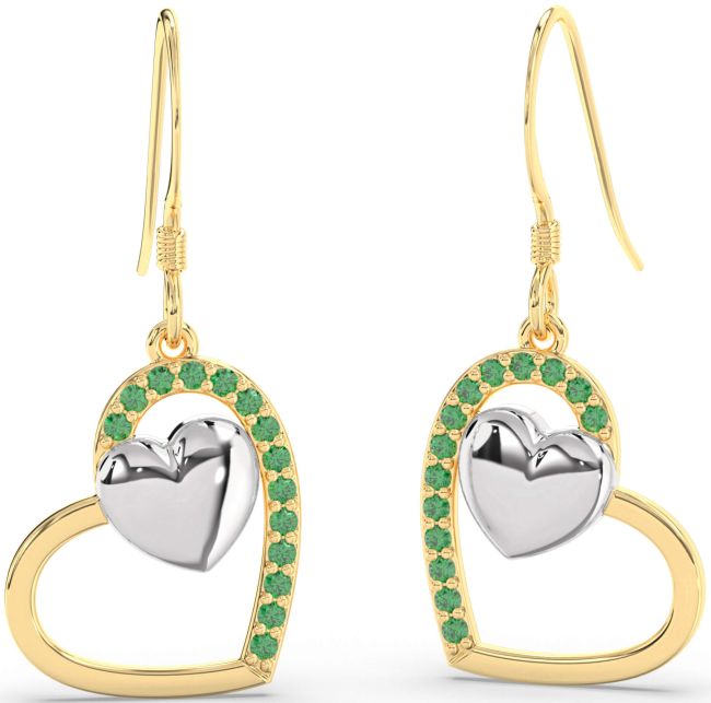 Emerald Gold Silver Heart Dangle Earrings