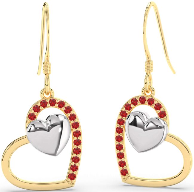 Ruby Gold Silver Heart Dangle Earrings