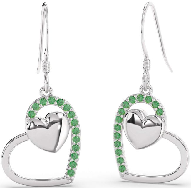 Emerald Platinum Heart Dangle Earrings