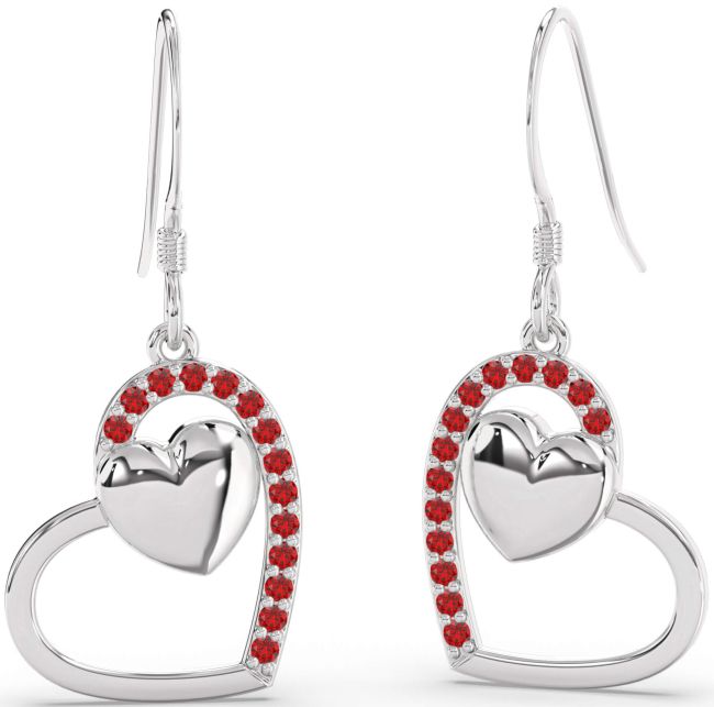 Ruby Silver Heart Dangle Earrings