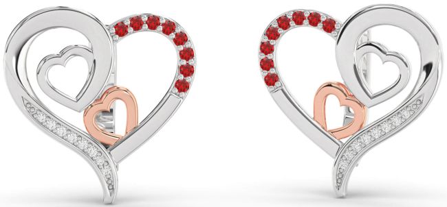 Diamond Ruby Silver & 10K Rose Gold Heart Stud Earrings