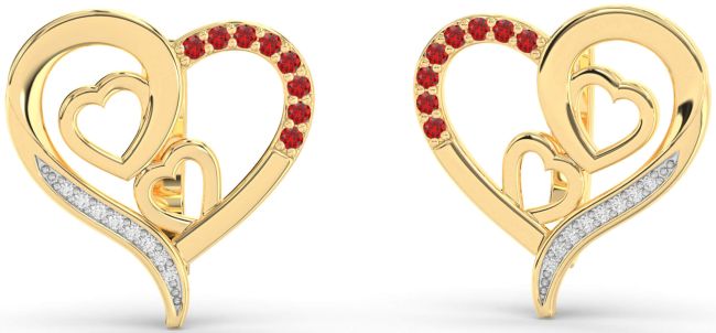 Diamond Ruby Gold Heart Stud Earrings