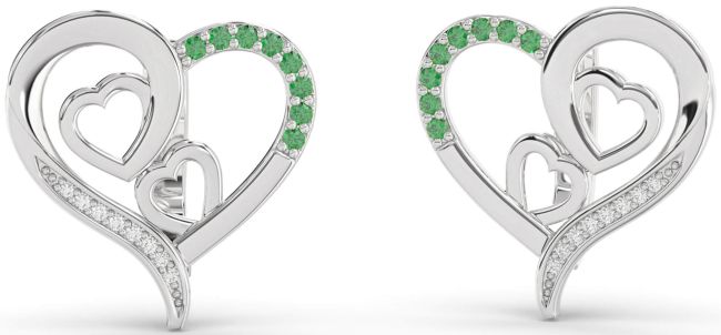 Diamond Emerald Silver Heart Stud Earrings