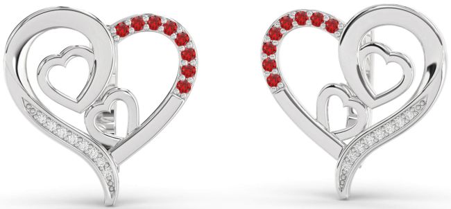 Diamond Ruby Platinum Heart Stud Earrings