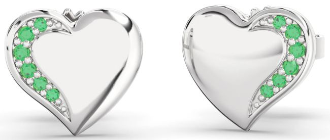 Emerald Platinum Heart Stud Earrings