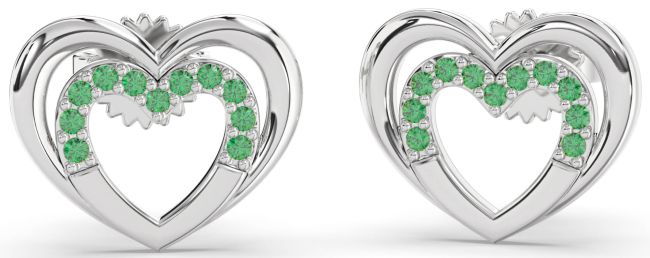 Emerald Platinum Heart Stud Earrings