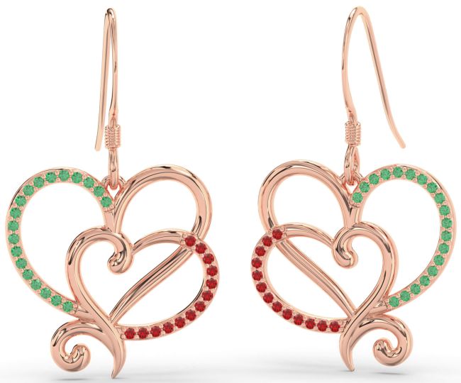 Emerald & Ruby Rose Gold Silver Heart Dangle Earrings