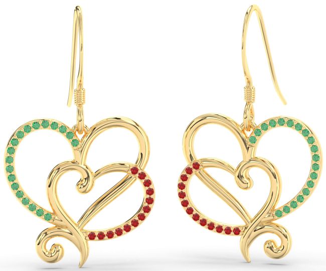 Emerald & Ruby Gold Silver Heart Dangle Earrings