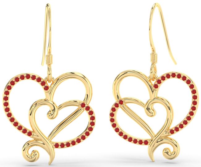 Ruby Gold Heart Dangle Earrings