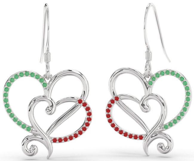 Emerald & Ruby Platinum Heart Dangle Earrings