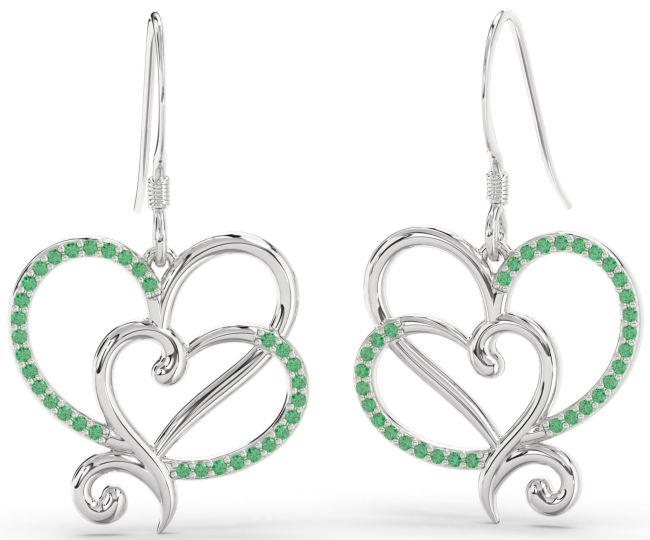 Emerald Platinum Heart Dangle Earrings