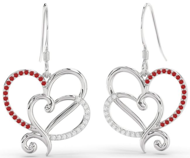 Diamond & Ruby Platinum Heart Dangle Earrings